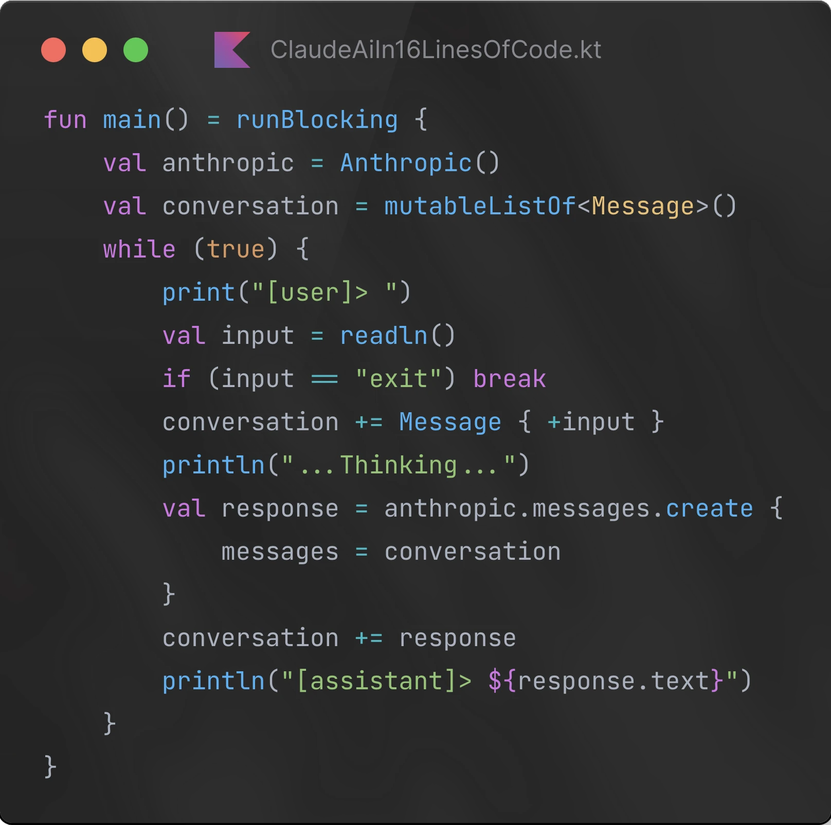 An example code of a claude.ai clone written in 16 lines of Kotlin code