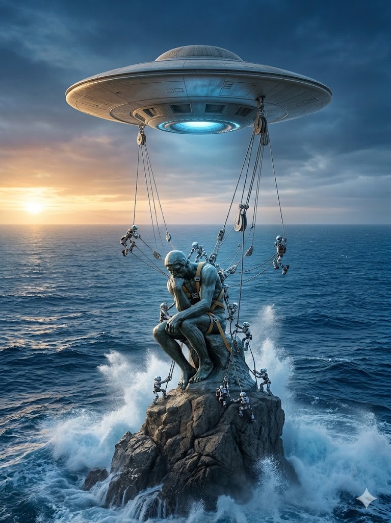 Rodin's thinker lifted up by an ufo